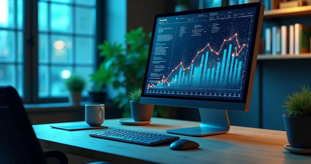 Computador exibindo gráficos e dados de marketing digital em tela com elementos visuais de big data ao fundo