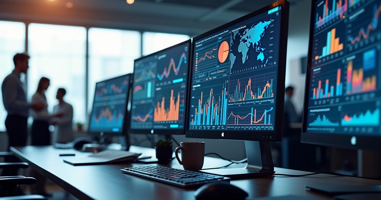 Dashboard empresarial digital mostrando gráficos e análises de dados em telas múltiplas