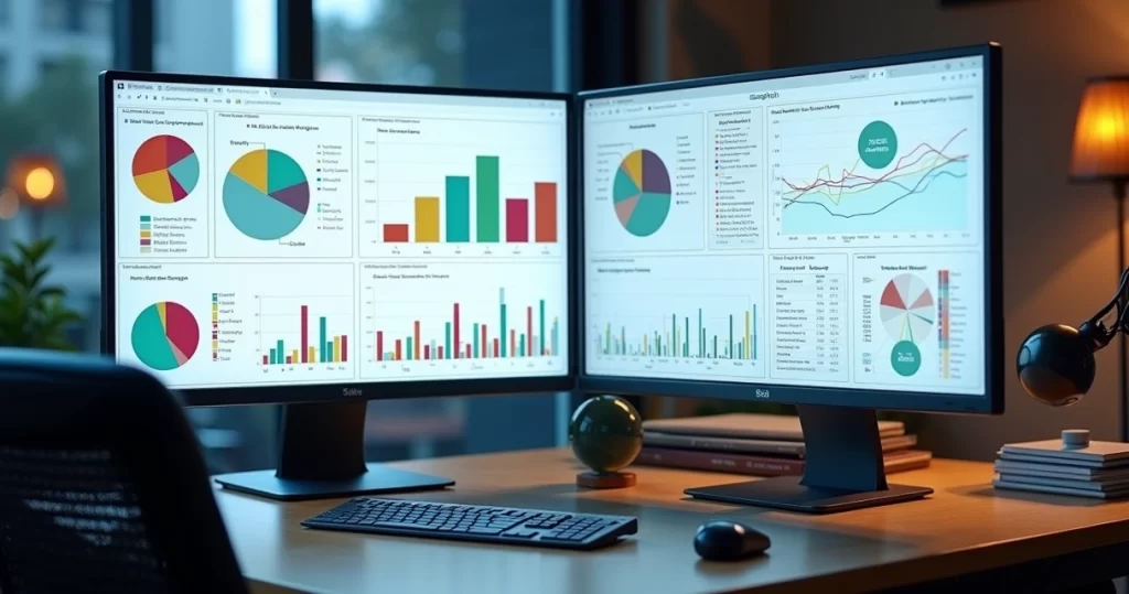Tela dividida mostrando dashboard interativo do Power BI à esquerda e planilha de Excel à direita, com gráficos e tabelas em um ambiente de escritório moderno