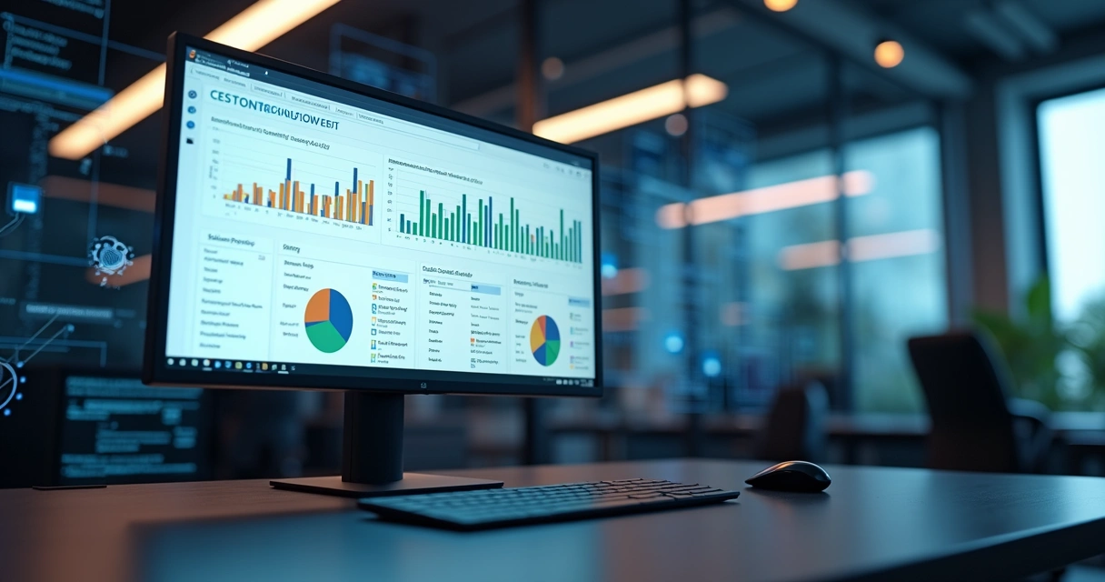 Computador com tela exibindo gráficos interativos do Power BI ligados a consultas SQL Server em ambiente corporativo
