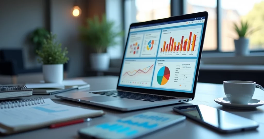 Mesa de trabalho com laptop exibindo gráficos e painéis de análise de dados, cercada por anotações e dispositivos tecnológicos