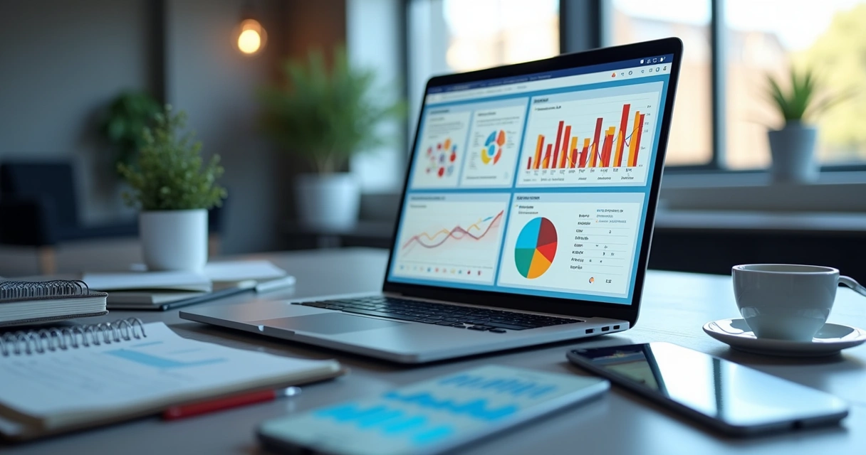 Mesa de trabalho com laptop exibindo gráficos e painéis de análise de dados, cercada por anotações e dispositivos tecnológicos