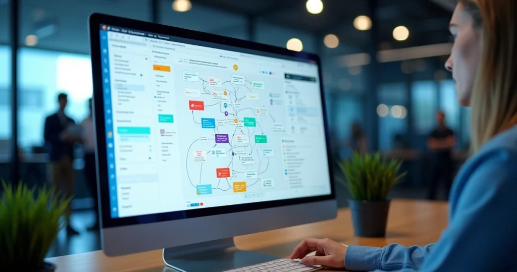 Interface visual do n8n exibindo fluxos de trabalho automatizados com múltiplas integrações em tela de computador moderno