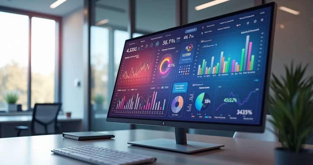 Dashboard com gráficos coloridos e indicadores de dados exibidos em tela ampla e moderna
