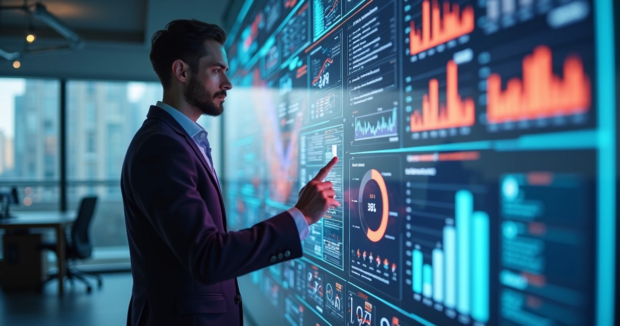 Gestor analisando múltiplos gráficos digitais e dashboards em tela transparente com dados integrados