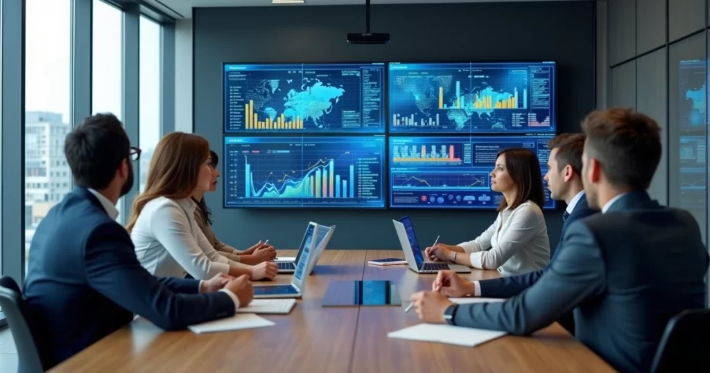 Equipe de gestores em sala de reunião analisando gráficos e dados de marketing em telas digitais