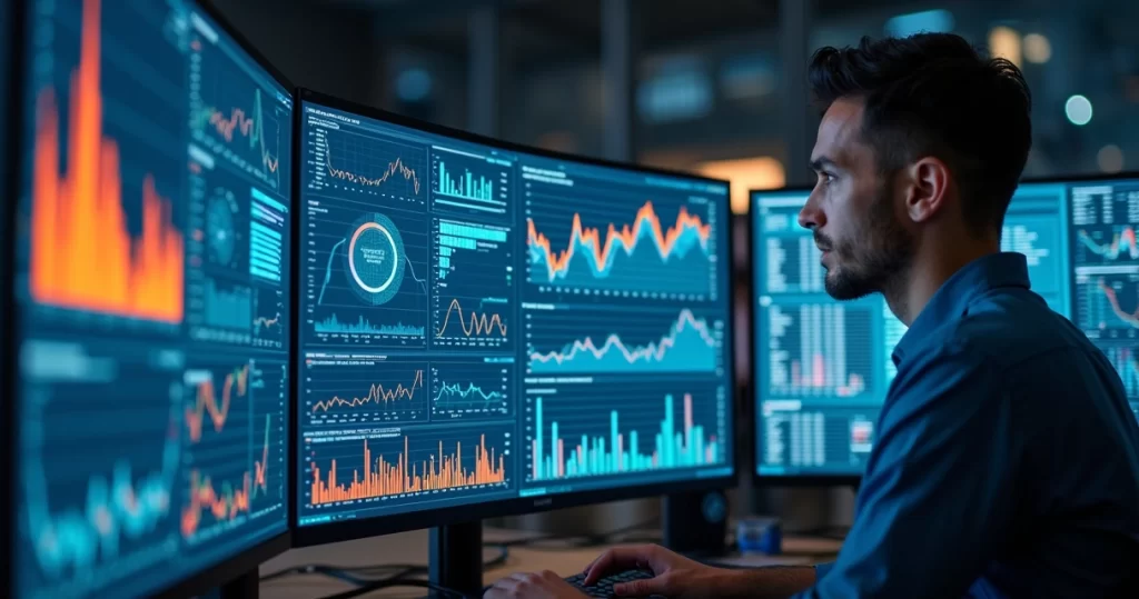 Profissional analisando gráficos e dados complexos em múltiplos monitores ultrawide em ambiente de escritório moderno