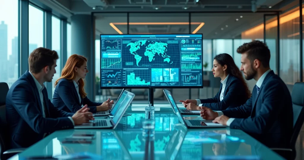 Equipe de executivos analisando gráficos de dados em telas de computador em sala moderna de negócios