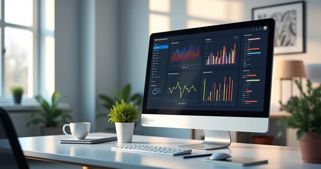 Tela de computador exibindo painel interativo com gráficos coloridos e filtros do Google Data Studio